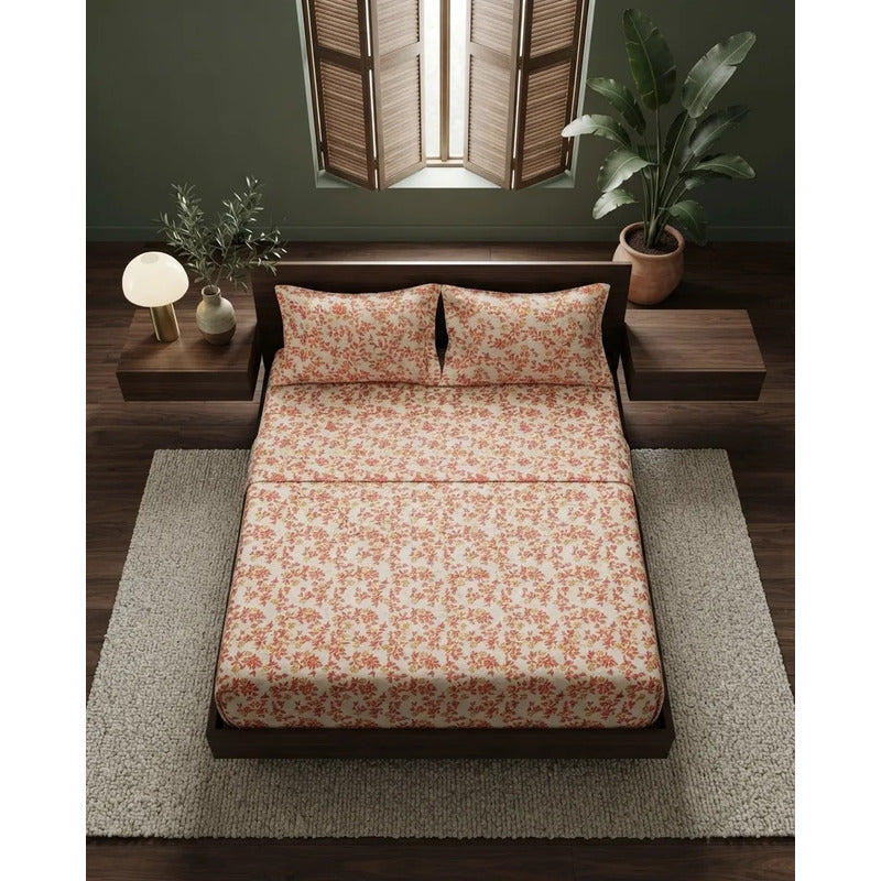Juego De Sabana Matrimonial 100% Algodón Suaves Y Frescas Naranja Floresta Naranja