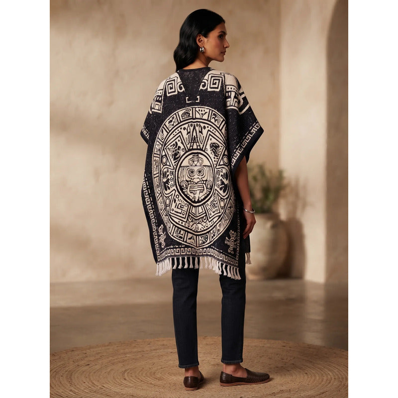 Jorongo Poncho Gaban Afelpado Unitalla Artesanal Grande Negro Azteca Y Grecas 1mx1m