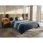 Edredon King Size Doble Vista +3 Cojines Decorativos Algodón Azul Laberinto Floreado