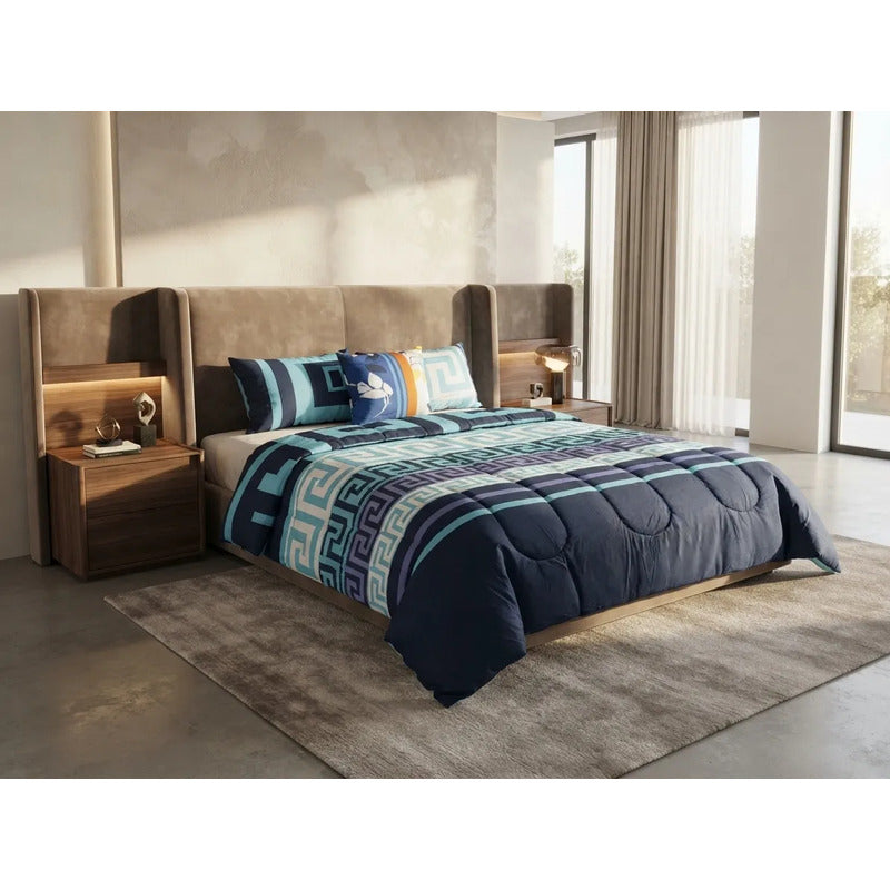 Edredon King Size Doble Vista +3 Cojines Decorativos Algodón Azul Laberinto Floreado