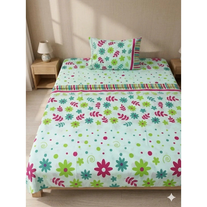 Juego De Sábana Mariol Individual 100% Algodón Premium Turquesa Florecitas Turquesa