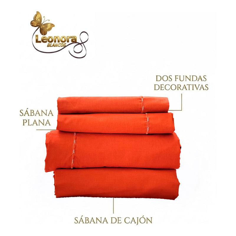Juego De Sábanas Matrimonial Algodón Percal 144 Hilos-fresca Naranja Lisa Suave Y Transpirable De Calidad Premium
