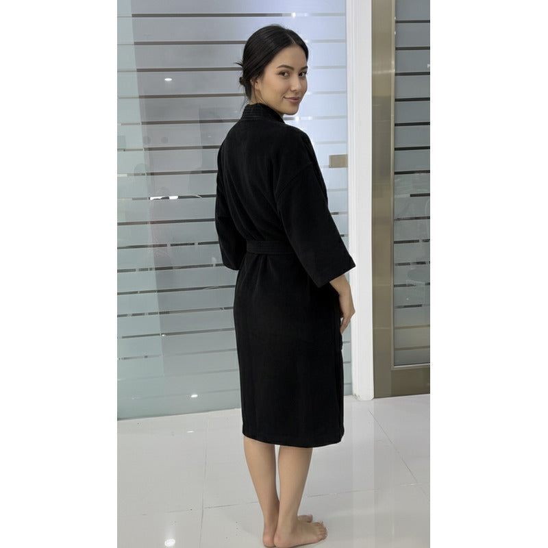 Bata De Baño Leonora Rasurada 100% Algodón Super Absorbente Negro Lisa M-l