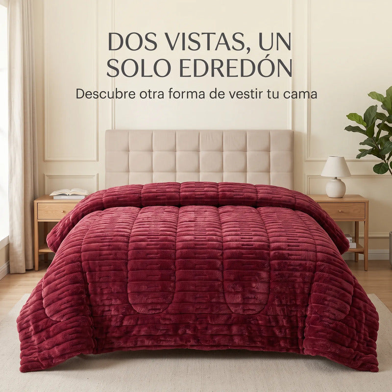 Edredón Matrimonial Acolchado Doble Vista Textura Térmica Vino Piel De Conejo