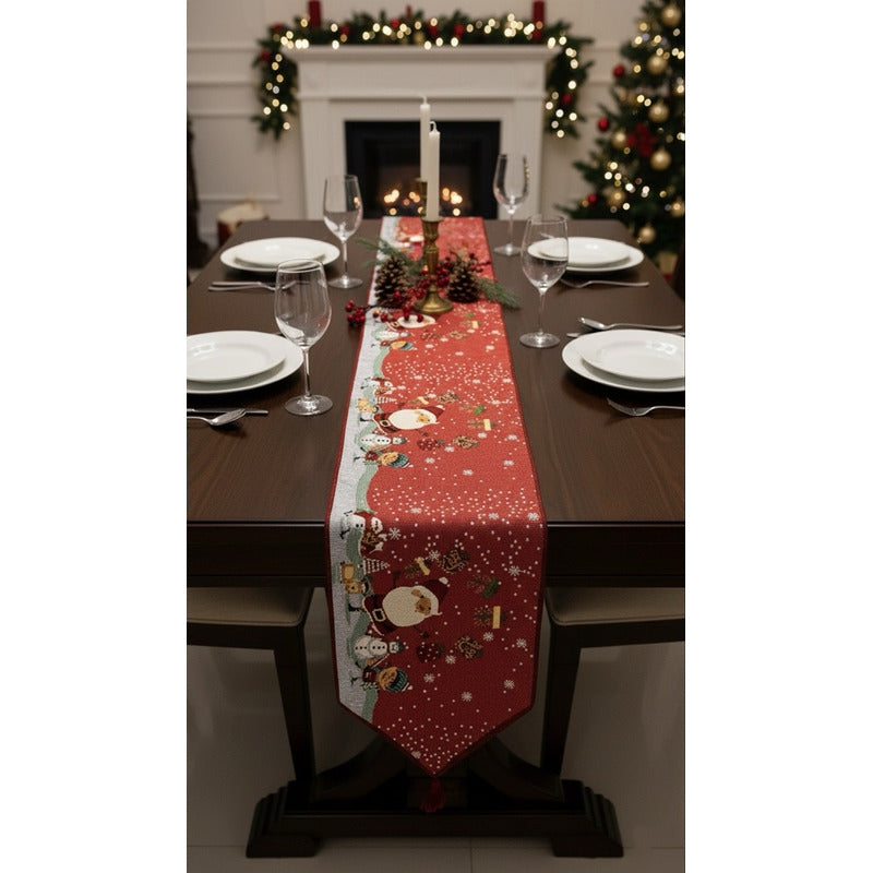 Kit Navideño: Camino De Mesa, Pie De Árbol, Fundas Y Tapete Rojo Santa Y Regalos