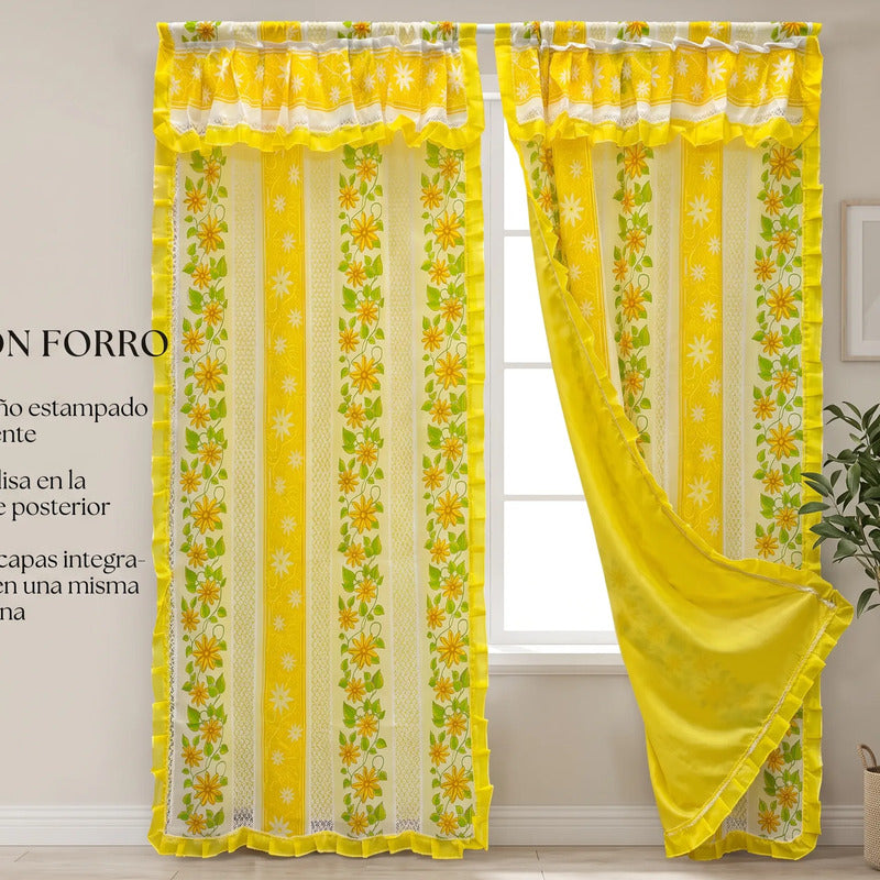 Cortinas Estampadas Para Ventana Con Forro Interior 2.9x2m Amarillo