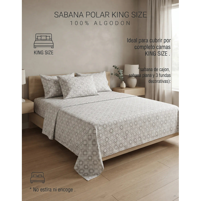 Juego De Sábanas Térmicas Polar Algodón King Size Invernal Gris Geome Grey