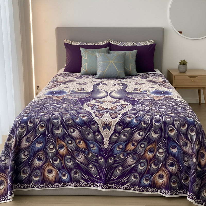 Colcha De Hilo Jacquard Leonora Premium Matrimonial Amplia Violeta Oscuro Pavorreal Morado
