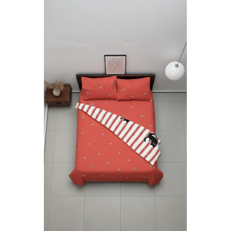 Edredón Premium Duvet Dos Vistas Matri Con Relleno Incluido Rojo Gato Patitas Rayas Algodón Alta Densidad