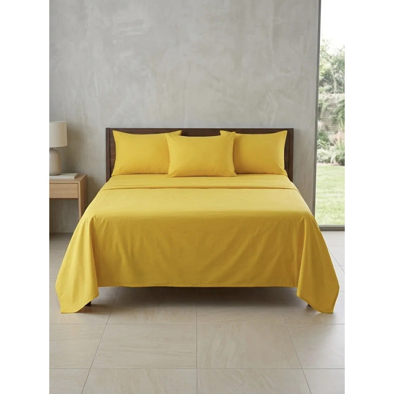 Juego De Sabanas King Size Leonora Percal Algodón 144h Lisas Amarillo Amarillo Liso