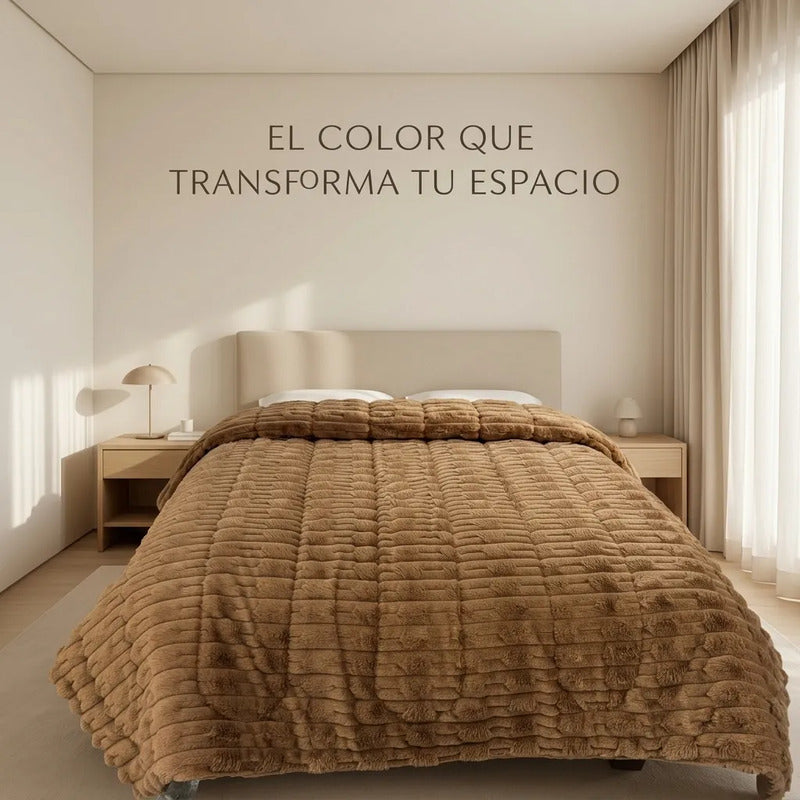 Edredón Matrimonial Acolchado Doble Vista Textura Térmica Marrón Claro Piel De Conejo