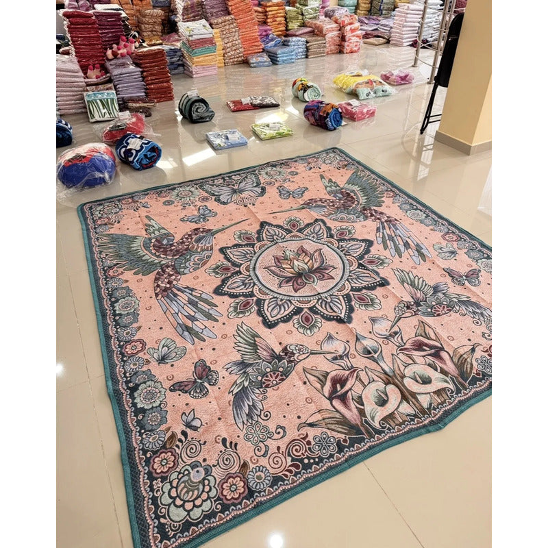 Colcha De Hilo Jacquard Leonora Premium Matrimonial Amplia Coral Claro Colibríes Coral/turquesa