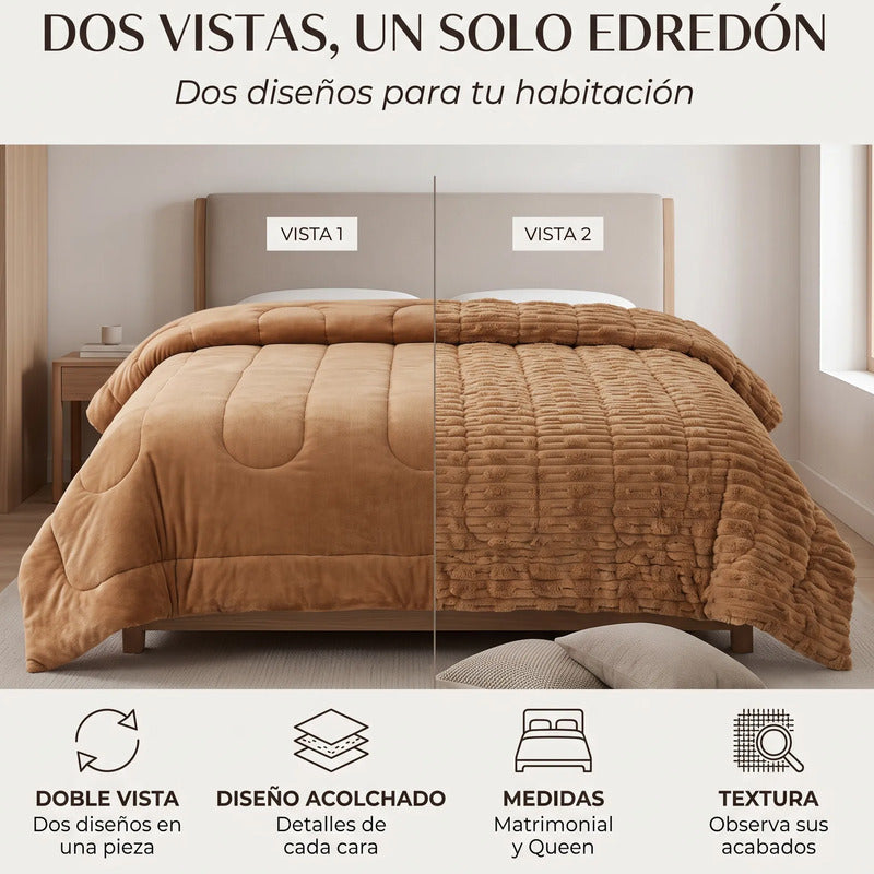 Edredón Matrimonial Acolchado Doble Vista Textura Térmica Marrón Claro Piel De Conejo