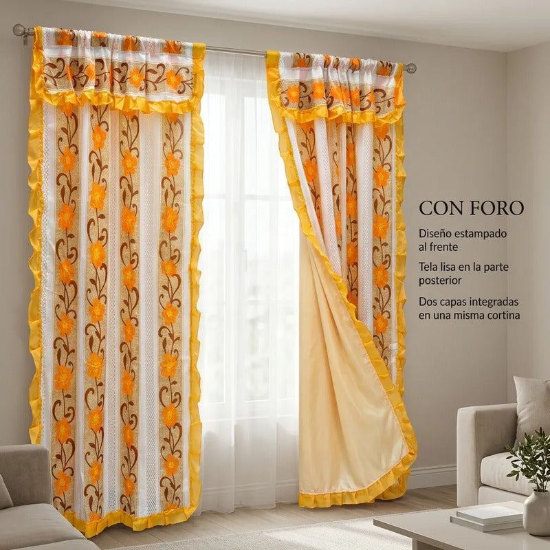 Cortinas Estampadas Para Ventana Con Forro Interior 2.9x2m Naranja