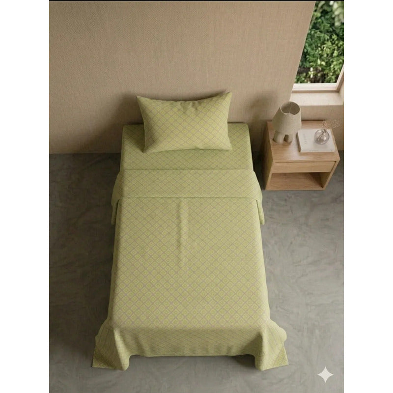 Juego De Sábana Mariol Individual 100% Algodón Premium Verde Lima Cuadro Espiral Verde