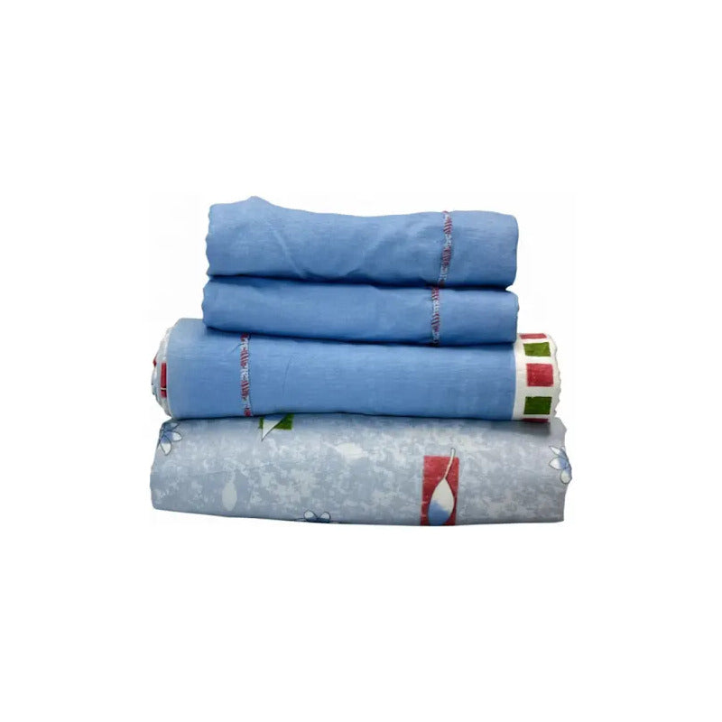 Juego De Sábanas Matrimonial Leonora Franela Planchada 2mts Azul Claro Hojas Azul