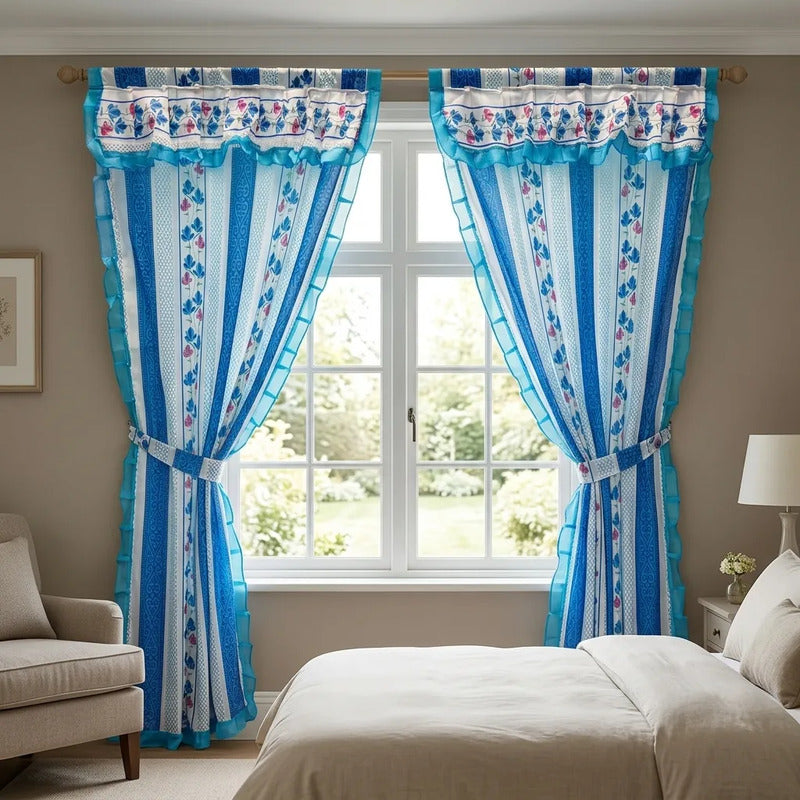 Cortinas Estampadas Para Ventana Con Forro Interior 2.9x2m Azul Acero