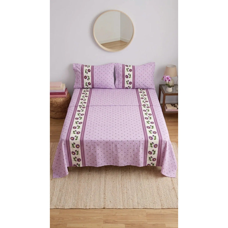 Juego De Sabanas Franela Mariol 100% Algodón Matrimonial Lavanda Mini Flor Morada