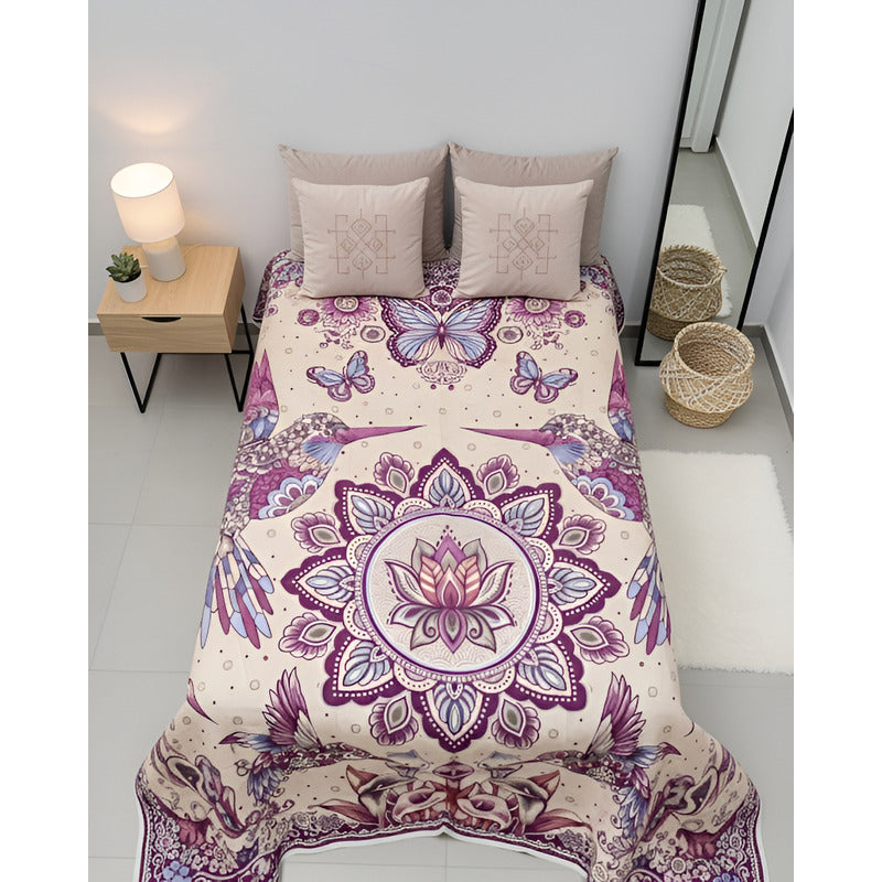 Colcha De Hilo Jacquard Leonora Premium Matrimonial Amplia Violeta Oscuro Colibrís Morado
