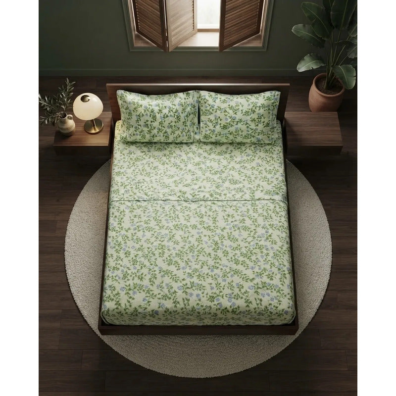 Juego De Sabana Matrimonial 100% Algodón Suaves Y Frescas Verde Claro Floresta Verde