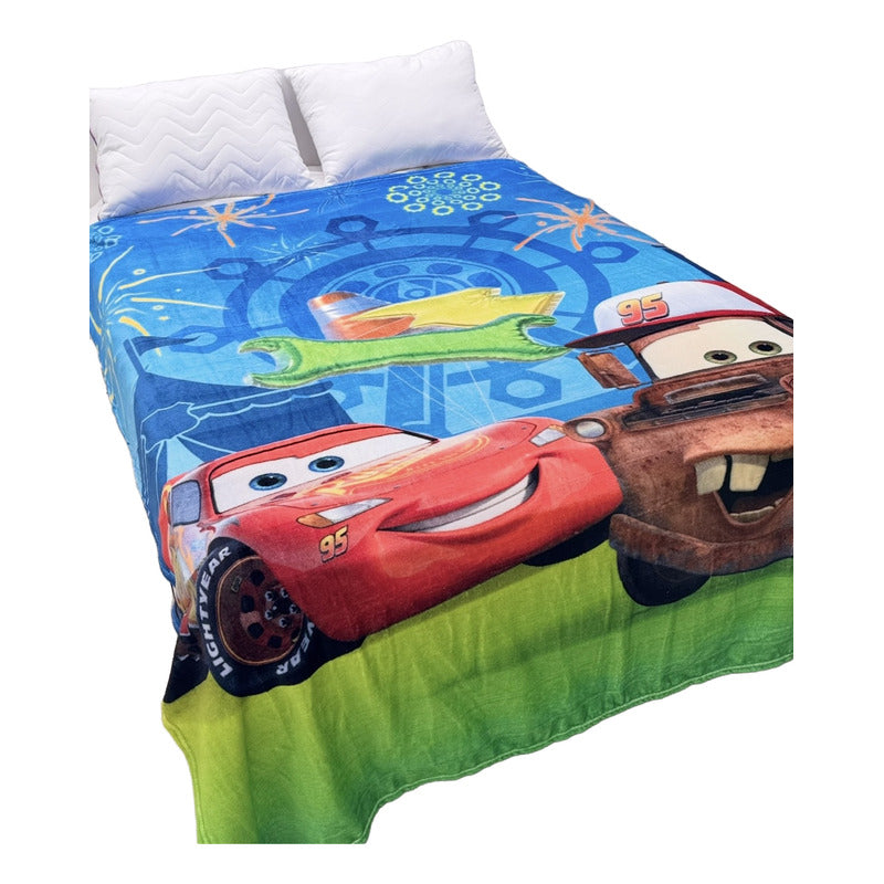 Frazada Matrimonial  Extra Suave Y Calientita Carss Mate Y Rayo Mcqueen Azul Acero