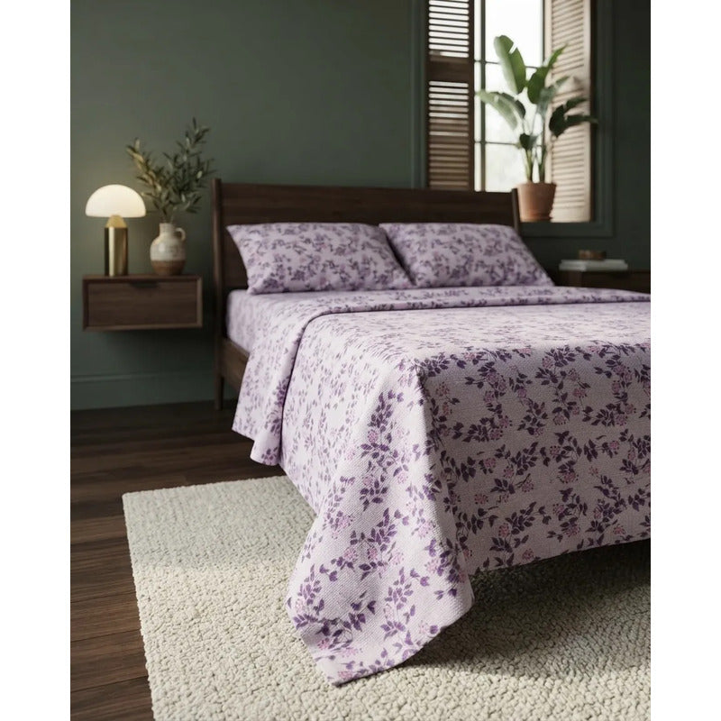 Juego De Sabana Matrimonial 100% Algodón Suaves Y Frescas Lavanda Floresta Morada