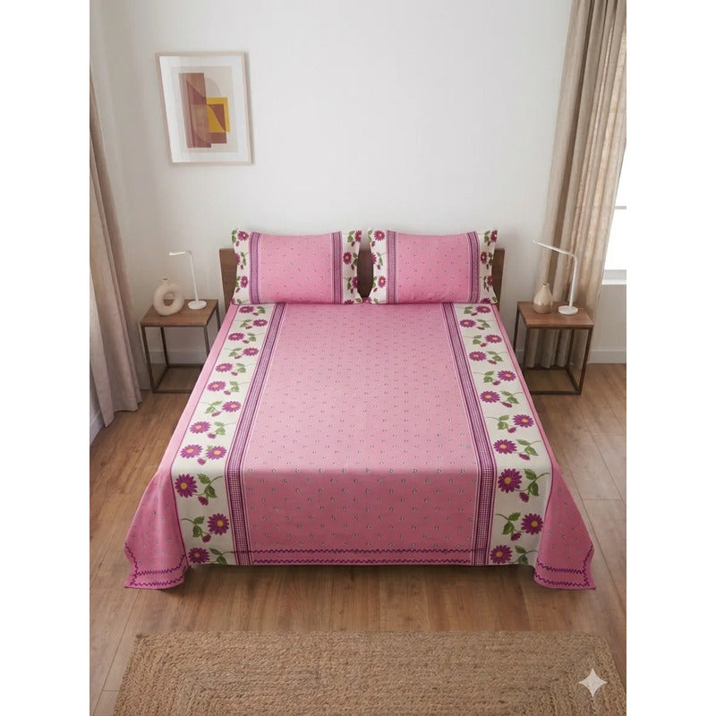 Juego De Sabana Matrimonial 100% Algodón Suaves Y Frescas Rosa Mini Flor Rosada