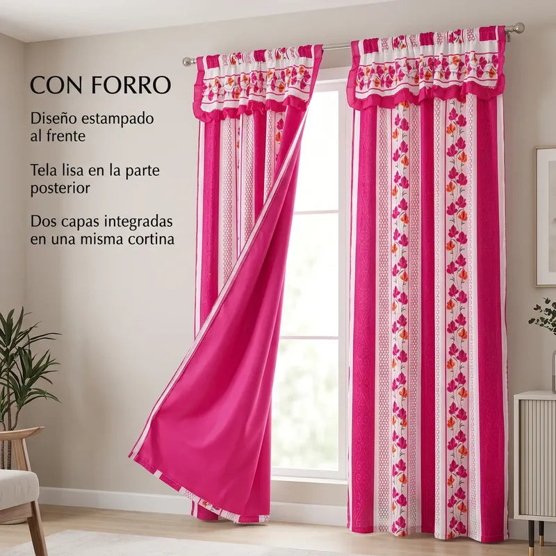 Cortinas Estampadas Para Ventana Con Forro Interior 2.9x2m Fucsia