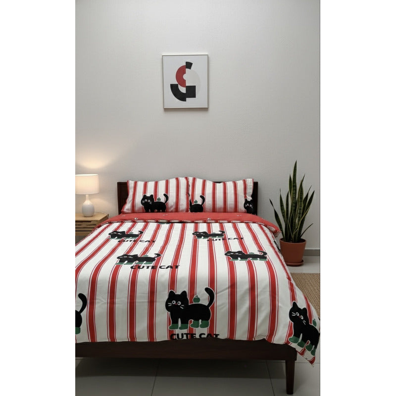 Edredón Premium Duvet Dos Vistas Matri Con Relleno Incluido Rojo Gato Patitas Rayas Algodón Alta Densidad