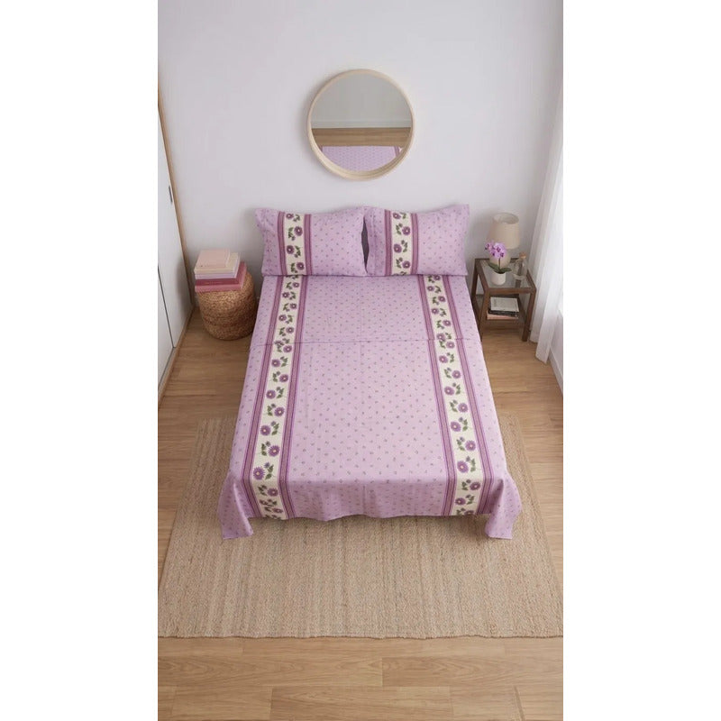 Juego De Sabanas Franela Mariol 100% Algodón Matrimonial Lavanda Mini Flor Morada