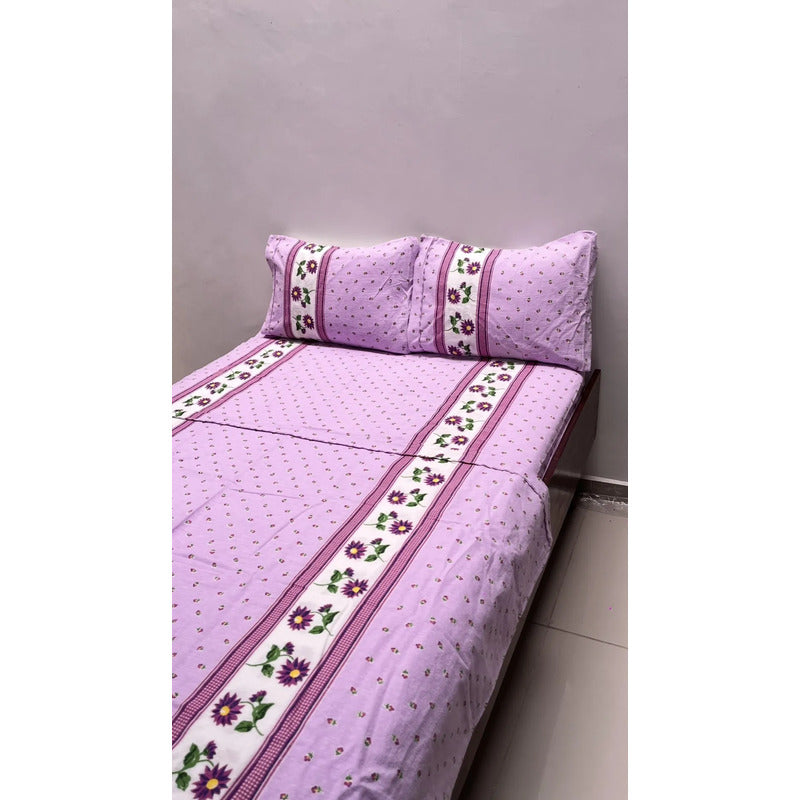 Juego De Sabanas Franela Mariol 100% Algodón Matrimonial Lavanda Mini Flor Morada