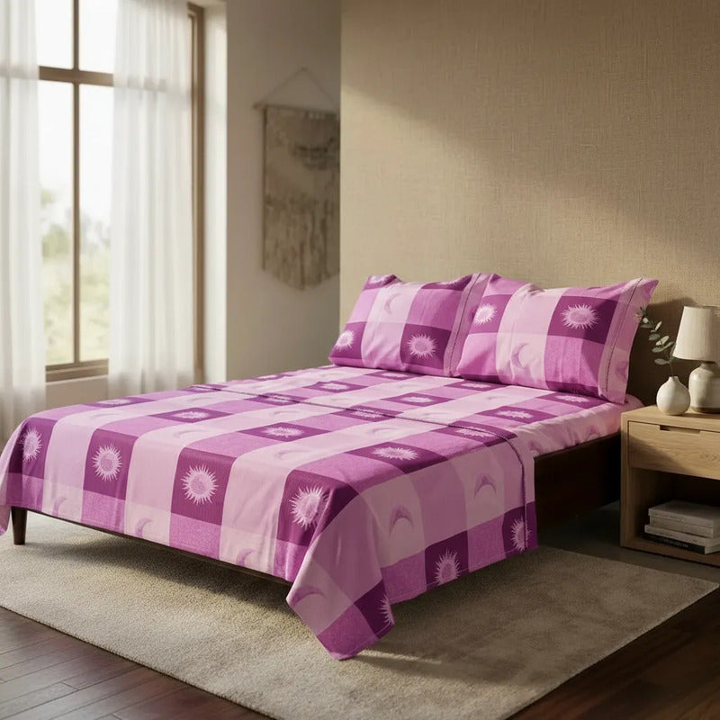 Juego De Sabana Matrimonial 100% Algodón Suaves Y Frescas Violeta Soles Y Lunas Morado