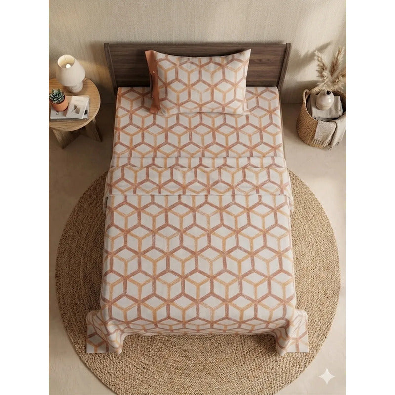 Juego De Sábana Mariol Individual 100% Algodón Premium Naranja Claro Rombo Naranja