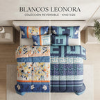 Edredon King Size Doble Vista +3 Cojines Decorativos Algodón Azul Laberinto Floreado
