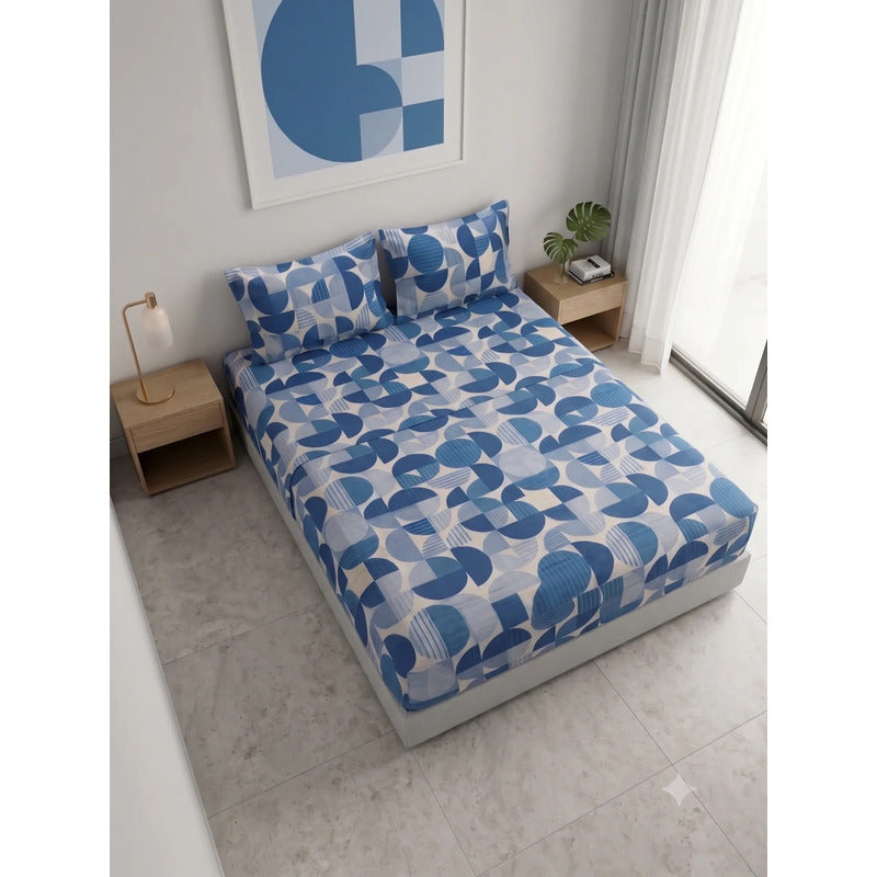 Sábana De Cajón Matrimonial +2 Fundas De Almohada Algodón Azul Acero Circular Azul