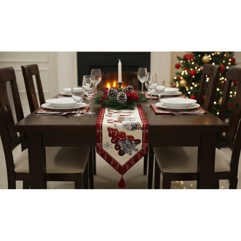 Kit Navideño: Camino De Mesa, Pie De Árbol, Fundas Y Tapete Beige Duendes Navideños