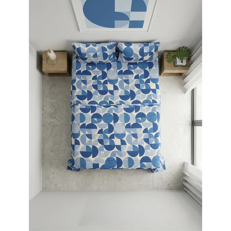 Juego De Sabana Matrimonial 100% Algodón Suaves Y Frescas Azul Circular Azul