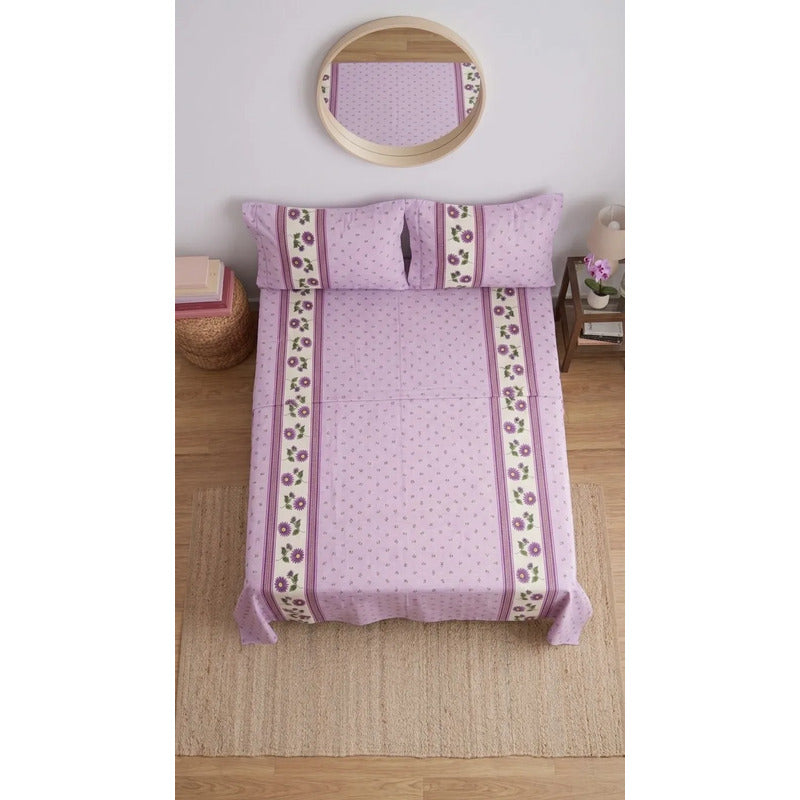 Juego De Sabanas Franela Mariol 100% Algodón Matrimonial Lavanda Mini Flor Morada