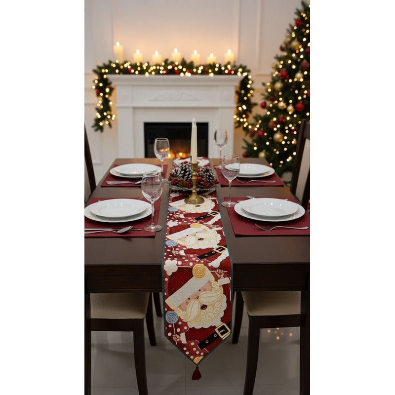 Kit Navideño: Camino De Mesa, Pie De Árbol, Fundas Y Tapete Rojo Santa Y Caramelos