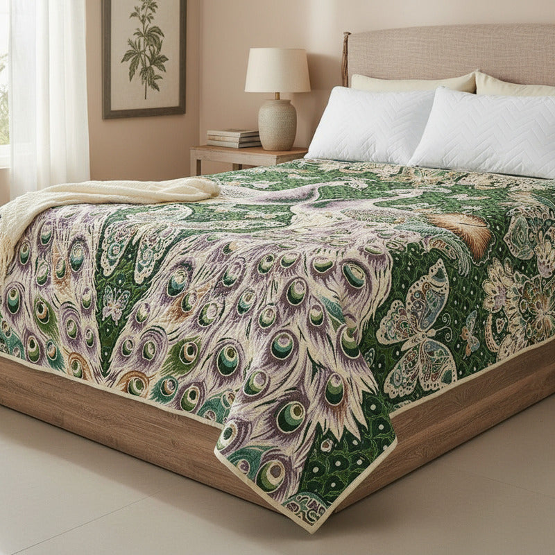 Colcha De Hilo Jacquard Leonora Premium Matrimonial Amplia Verde Oscuro Pavorreal Verde