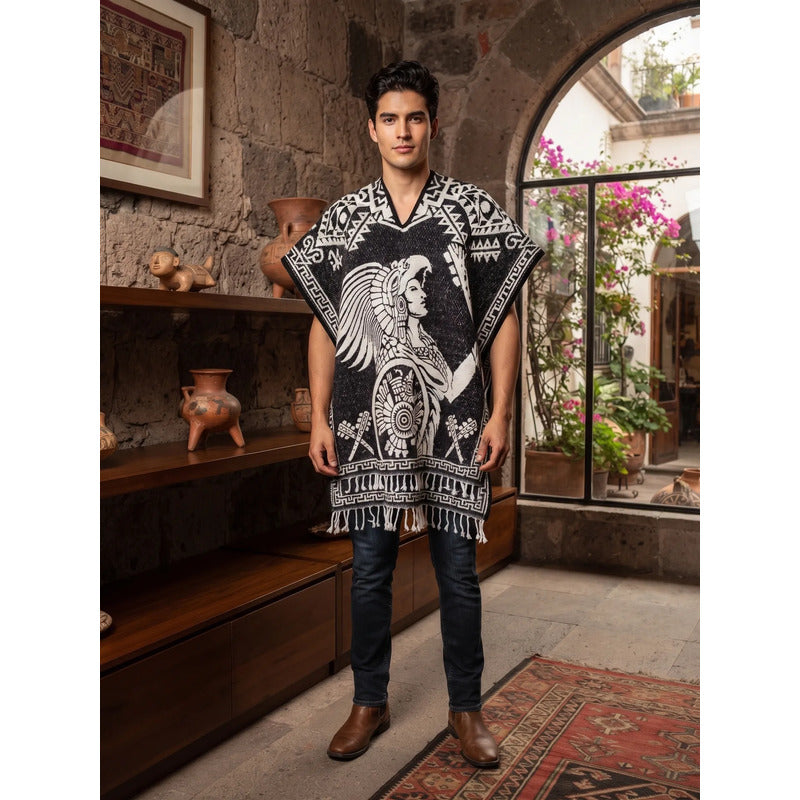 Jorongo Poncho Gaban Afelpado Unitalla Artesanal Grande Negro Guerrero Aguila 1mx1m
