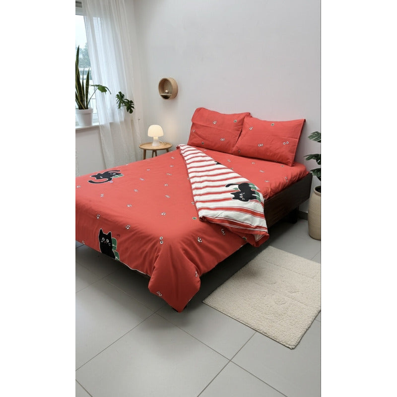 Edredón Premium Duvet Dos Vistas Matri Con Relleno Incluido Rojo Gato Patitas Rayas Algodón Alta Densidad
