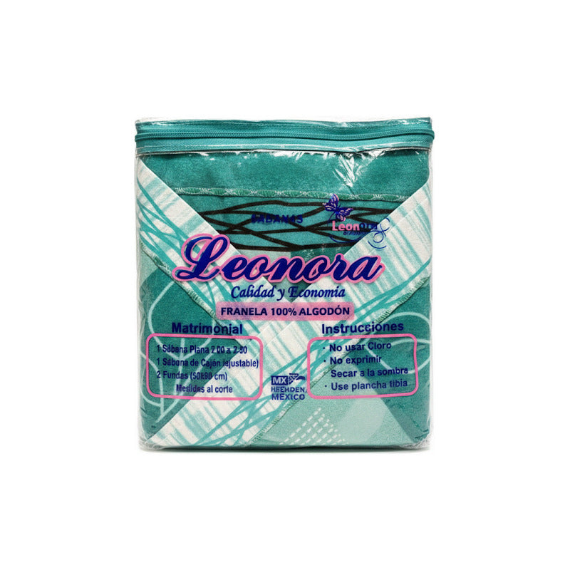 Juego De Sábanas Matrimonial Leonora Franela Planchada 2mts Azul Petróleo Cuadro Flor