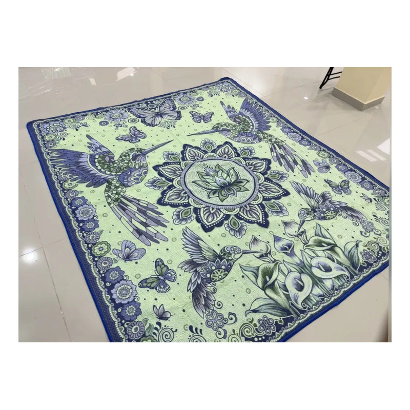 Colcha De Hilo Jacquard Leonora Premium Matrimonial Amplia Verde Lima Colibríes Azu/ Verde Claro