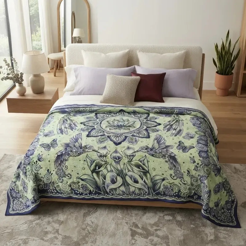 Colcha De Hilo Jacquard Leonora Premium Matrimonial Amplia Verde Lima Colibríes Azu/ Verde Claro