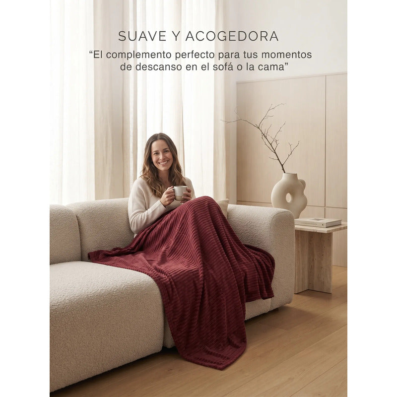 Cobertor Frazada Matrimonial Ligera Super Suave Y Calientita Rayado 700 G Bordó