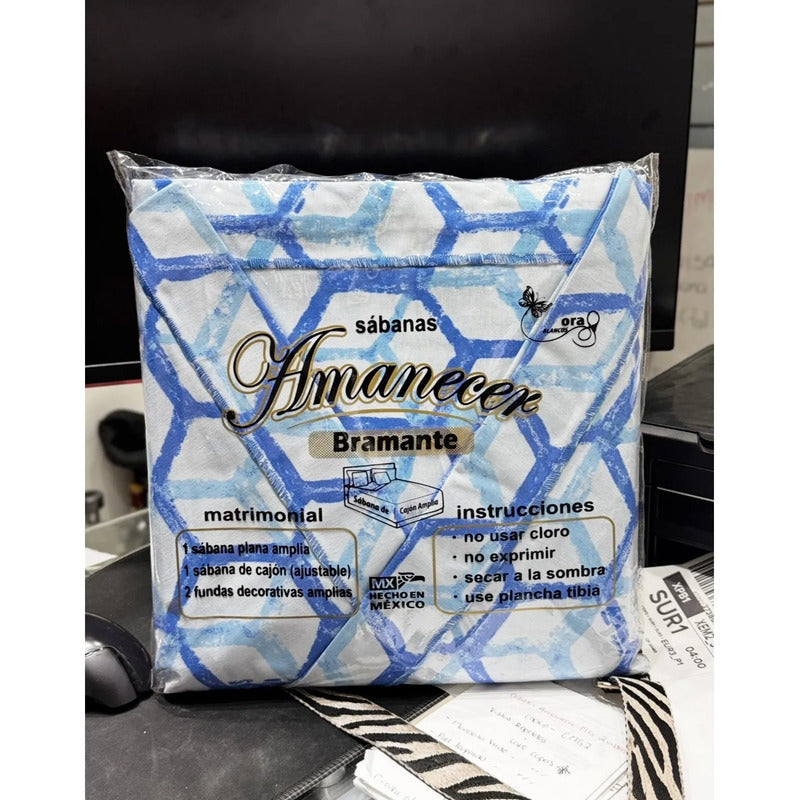 Juego Sabanas Matrimonial Amacener 100% Algodón Cajón Alto Azul Acero Rombo Azul