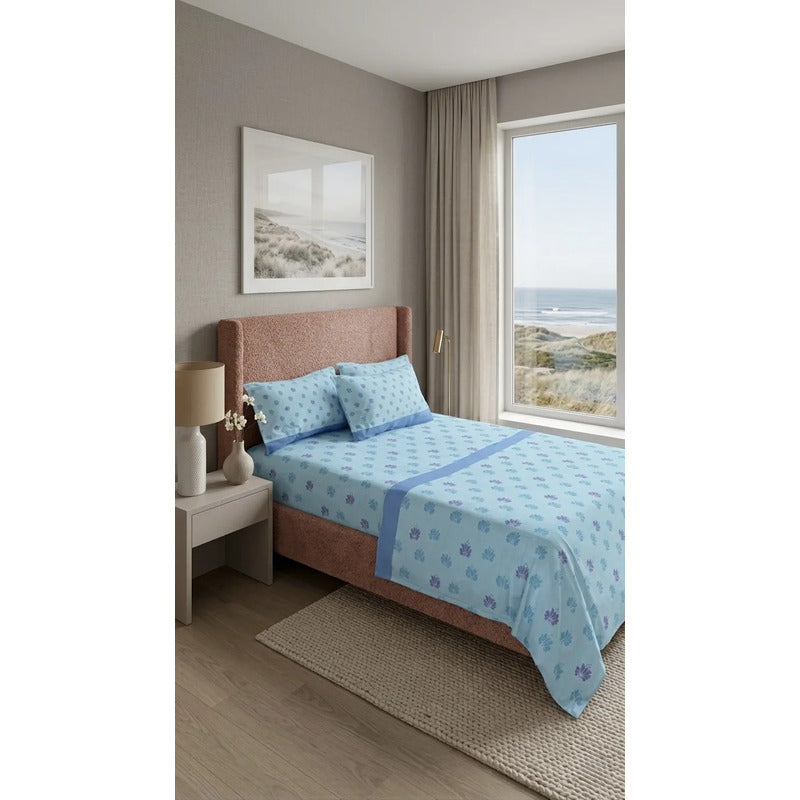 Juego De Sabanas Franela Mariol 100% Algodón King Size Azul Acero Mini Flor Azul