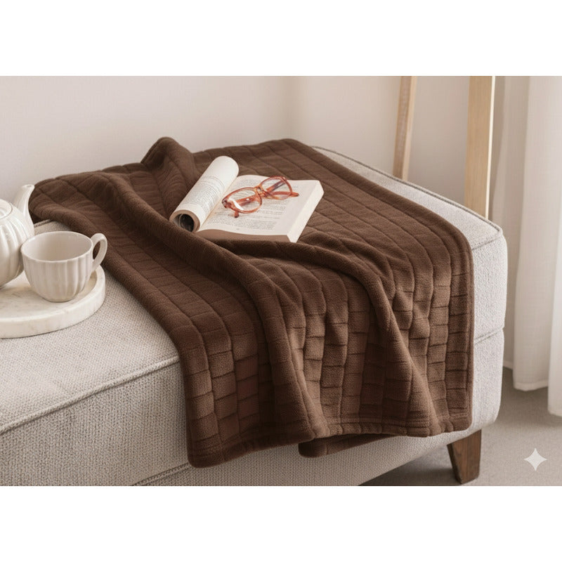 Frazada Térmica Leonora Matrimonial Extra Suave-grabada Cuadros Cafe Marrón Oscuro