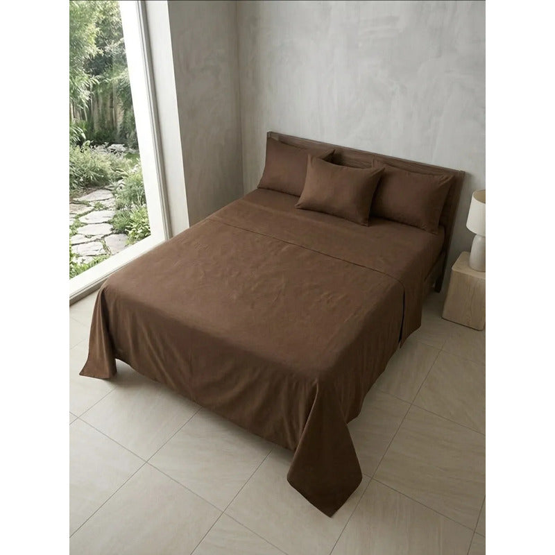 Juego De Sabanas King Size Leonora Percal Algodón 144h Lisas Marrón Oscuro Café Obscuro